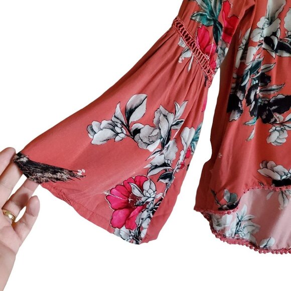 JAASE Floral Top V-Neck Bell Sleeve Hi Lo Hem Boho Oversized Blouse Peacock - Picture 5 of 15